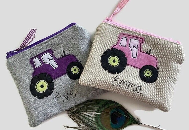 Personalised Tractor Coin Purse or Wallet - Handmade Grey or Linen Pouch