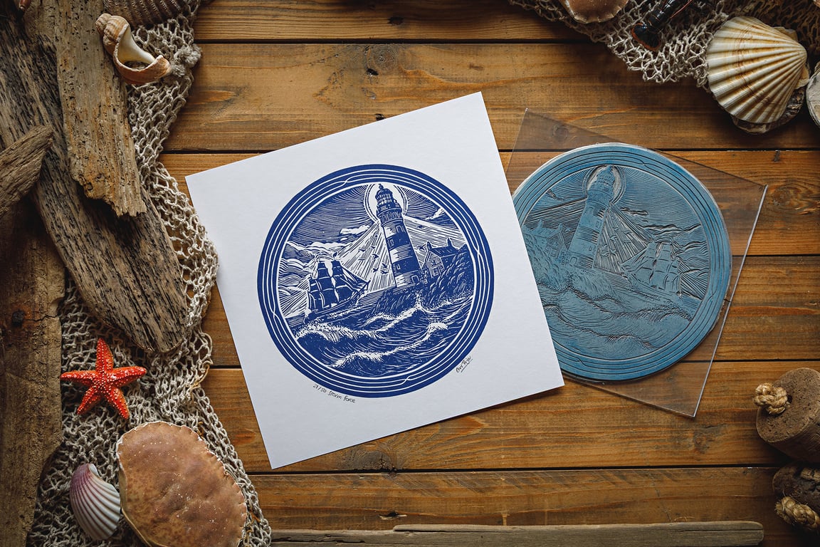 Storm Force (round) - original linocut print - 10x10"