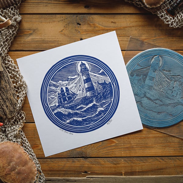 Storm Force (round) - original linocut print - 10x10"