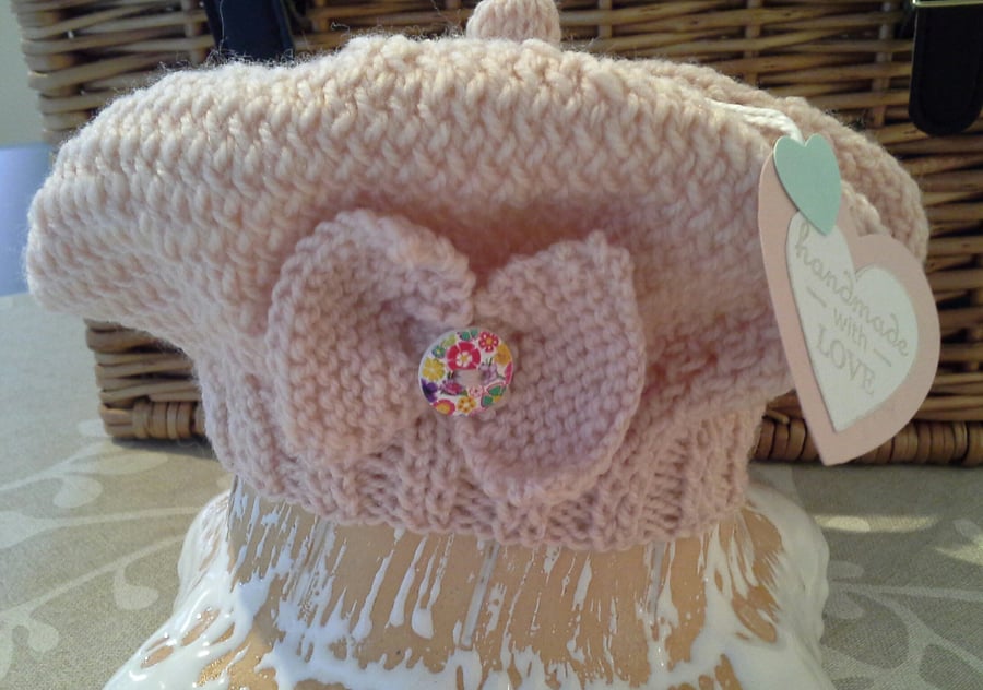 Baby Girl's Hand Knitted Bow Design Hat  0-6 months size