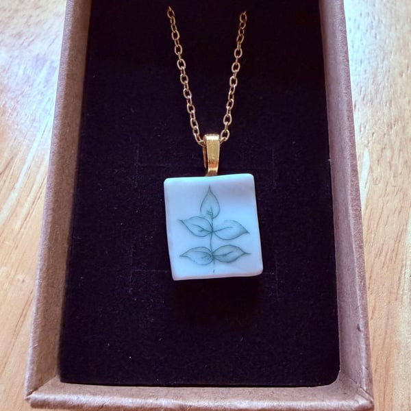 Upcycled bone china necklace leaf pattern