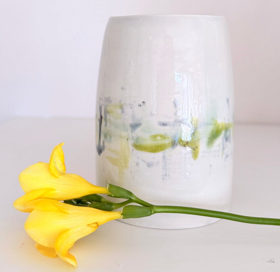 Hand-made ceramic vase, glazed by hand in dark green with hints of turquoise