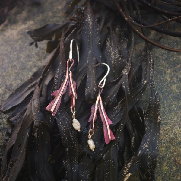 Copper Seaweed and Freshwater Pearl Earrings