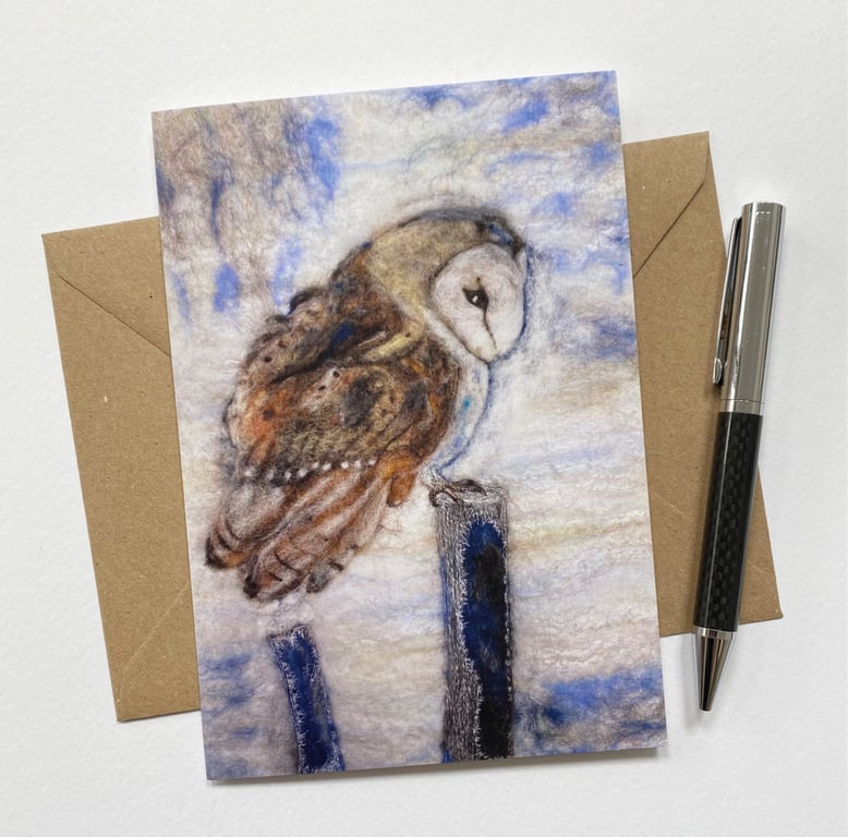Barn owl greetings card, birthday card, blank card. Fibre art print. 