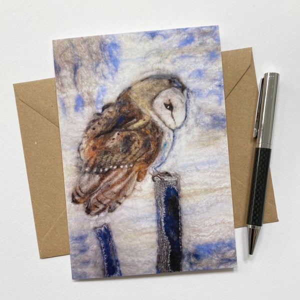 Barn owl greetings card, birthday card, blank card. Fibre art print. 