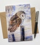 Barn owl greetings card, birthday card, blank card. Fibre art print. 