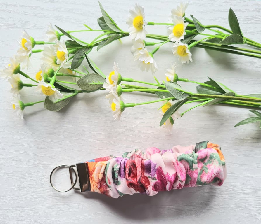 Wristlet Keychain, Pretty Multi Floral Scrunchie Style Soft Cotton Fabric 