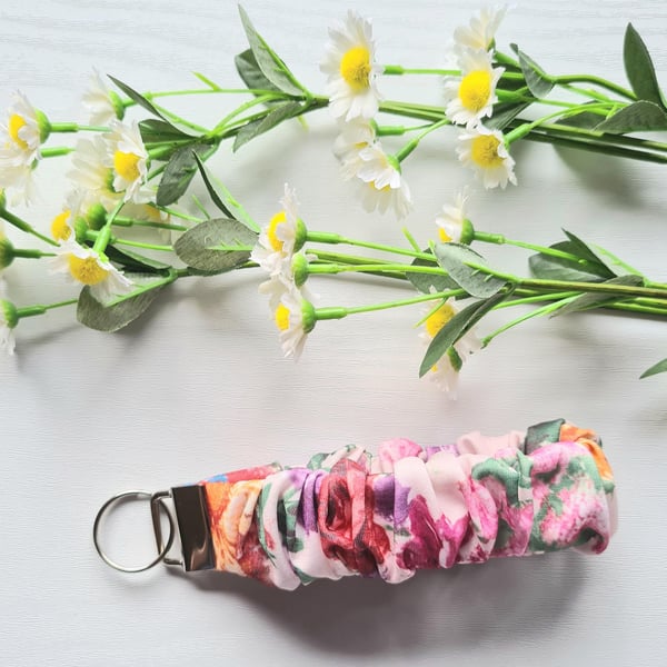 Wristlet Keychain, Pretty Multi Floral Scrunchie Style Soft Cotton Fabric 