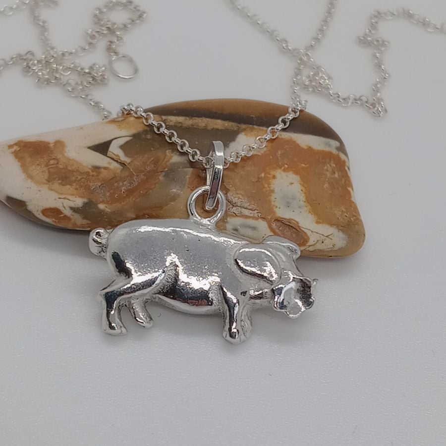 Pig Necklace Farm Animal Pendant with flower detail sterling silver Hallmarked