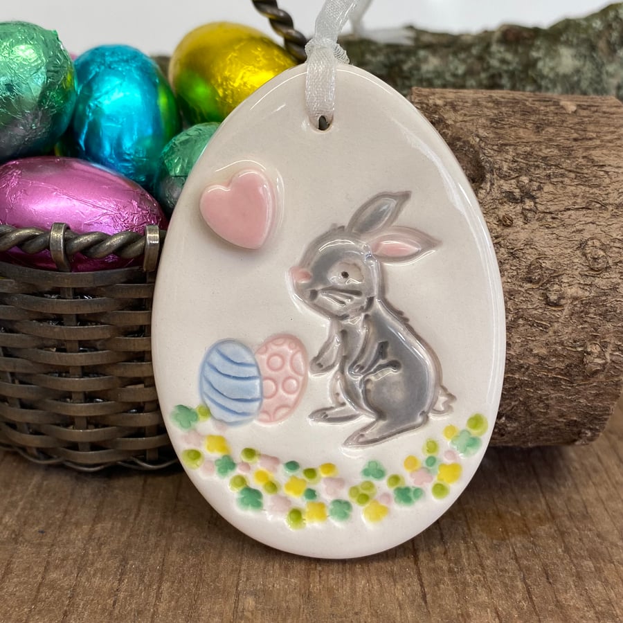 Pottery Easter Egg decoration with grey bunny and eggs 
