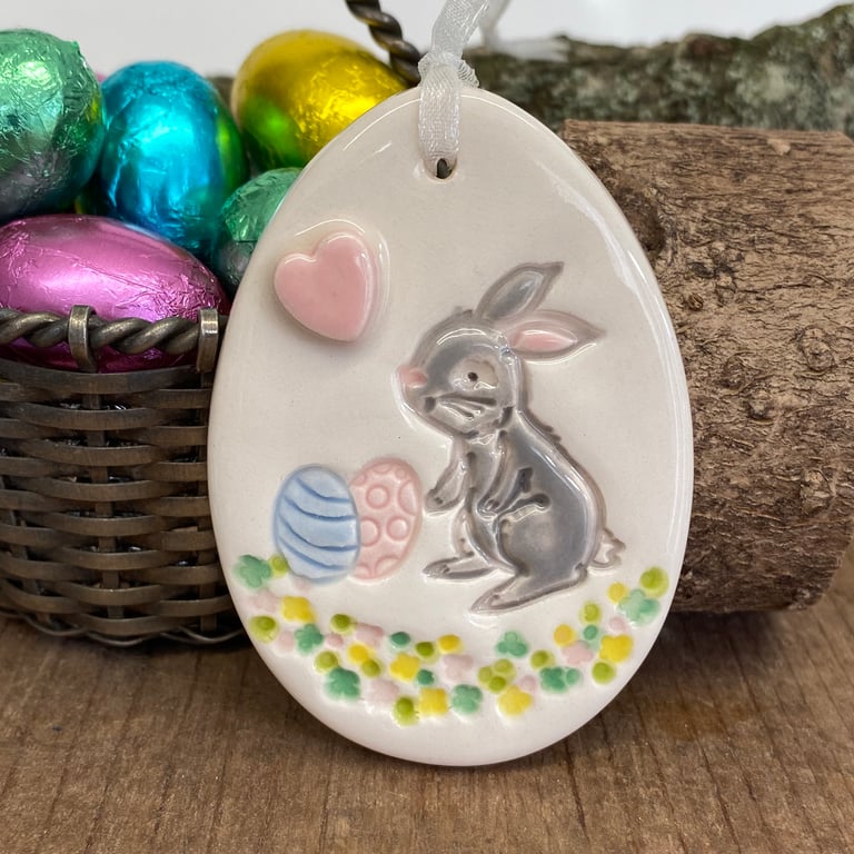 Pottery Easter Egg decoration with grey bunny and eggs 