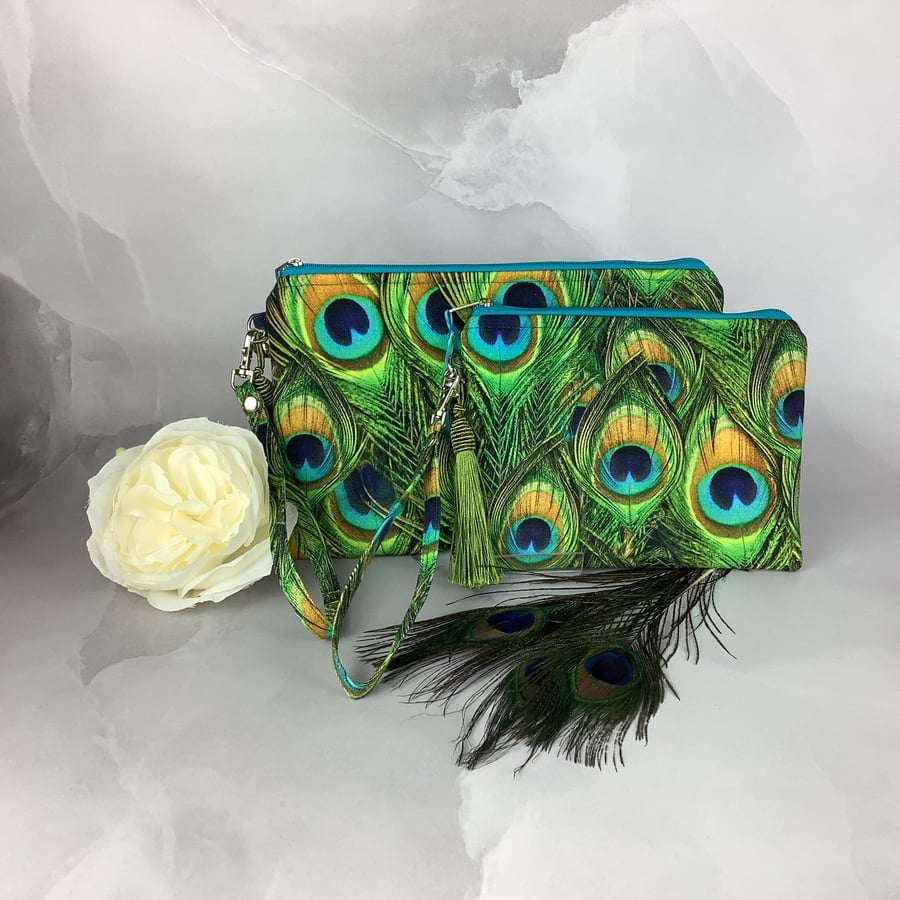 Peacock feathers zip clutch, Detachable wrist strap, 2 sizes available, Handmade