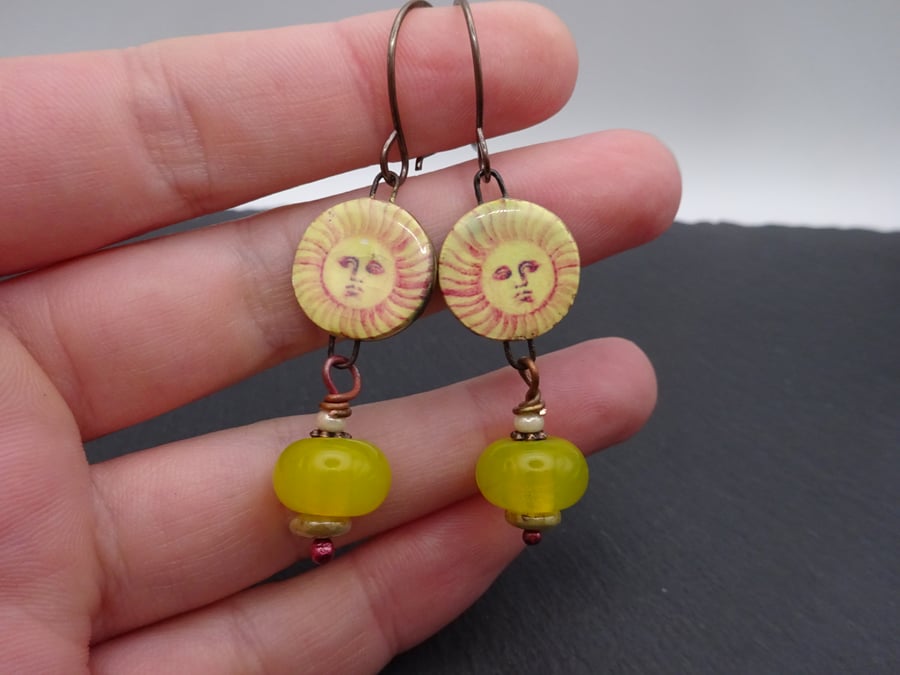 lampwork glass yellow sun ceramic earrings, copper jewellery