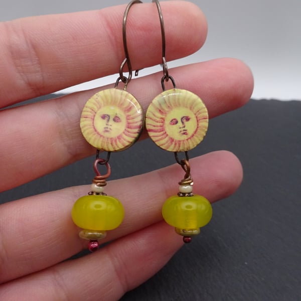 lampwork glass yellow sun ceramic earrings, copper jewellery