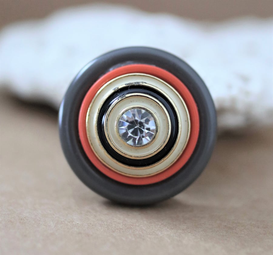 Faux Diamond, orange and smoky grey - Vintage Button Statement Pin