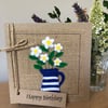 Daisies in blue and white striped jug, felt, handmade. Birthday Card.