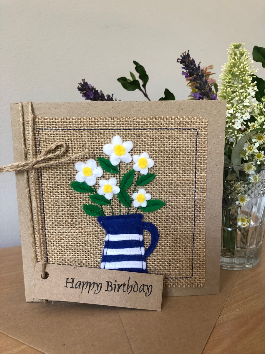 Daisies in blue and white striped jug, felt, handmade. Birthday Card.