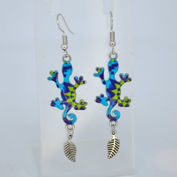 Lizards Geckos Blue-Green Coloured Earrings - Silver Plated