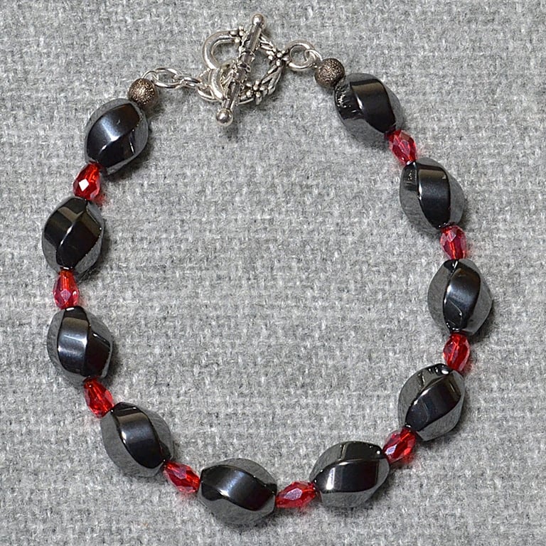 Hematite Swirl and Red AB Glass Crystal Bracelet