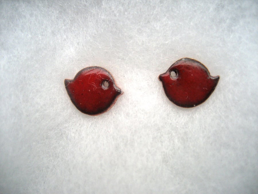 Red enamelled little bird stud earrings