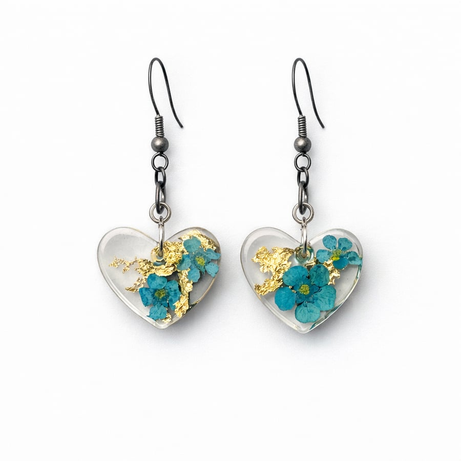Blue Flower Heart Resin Earrings with Gold Leaf – Dainty Romantic Jewellery