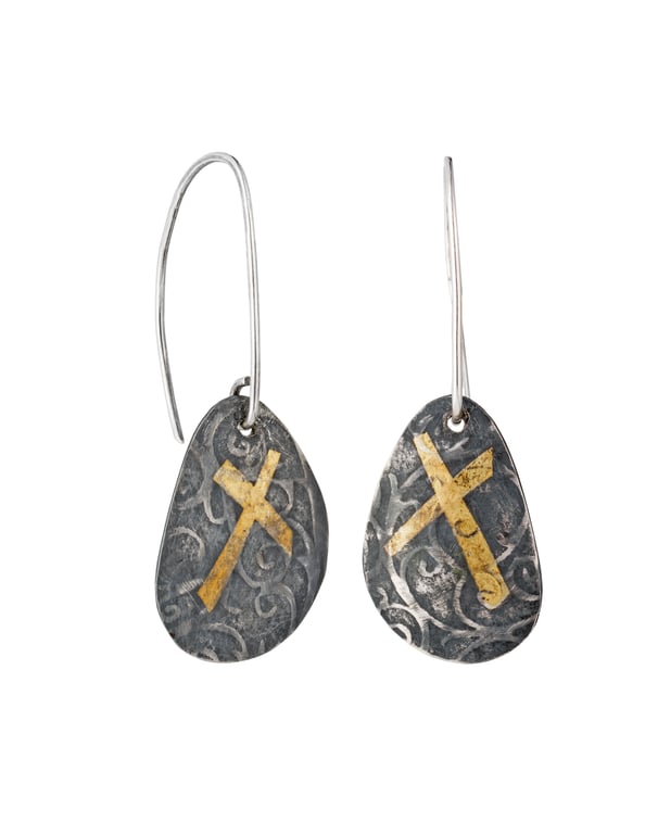 Josefina by Fedha - oxidised, embossed sterling silver dangles, Keum Boo detail
