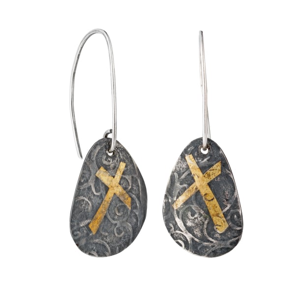 Josefina by Fedha - oxidised, embossed sterling silver dangles, Keum Boo detail