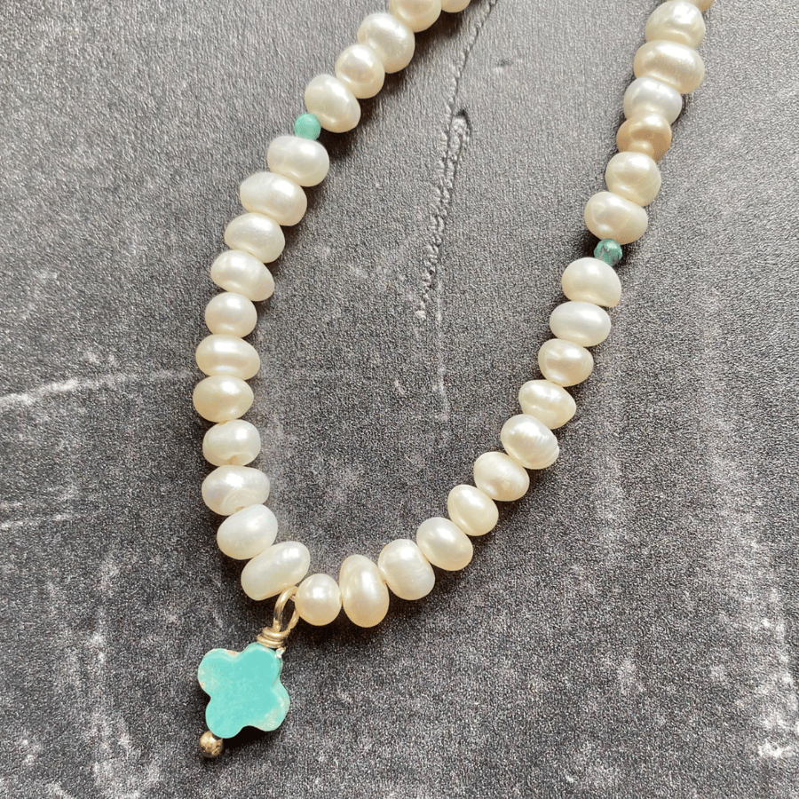 Freshwater Pearl & Sleeping Beauty Turquoise Gold Vermeil Necklace