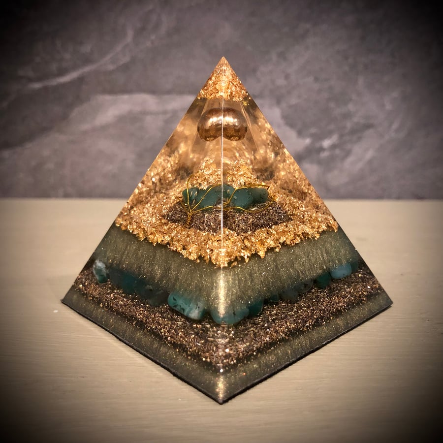 Green Agate Crystal Energy Pyramid with floating sphere