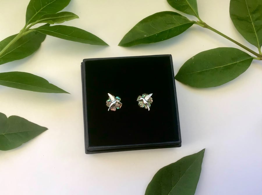 Sterling Silver and Abalone hummingbird and flower earrings