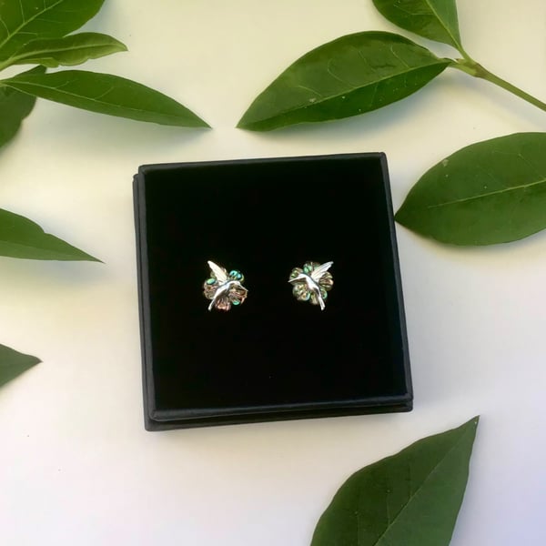 Sterling Silver and Abalone hummingbird and flower earrings