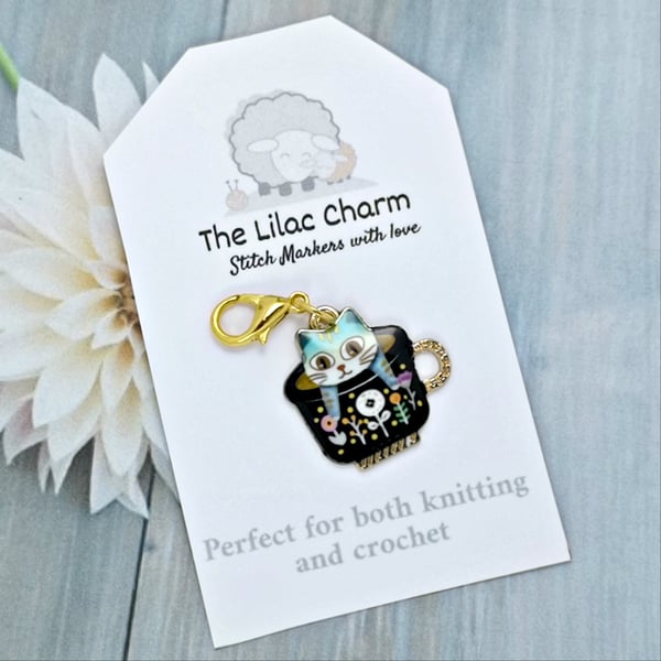 Teacup Cat Stitch Marker - Black