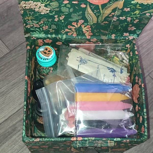 up cycled and recycled hereditary witches box of goodies incense, oil ,candles 