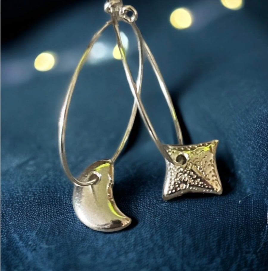 Moon & Star Hoop Silver Earrings