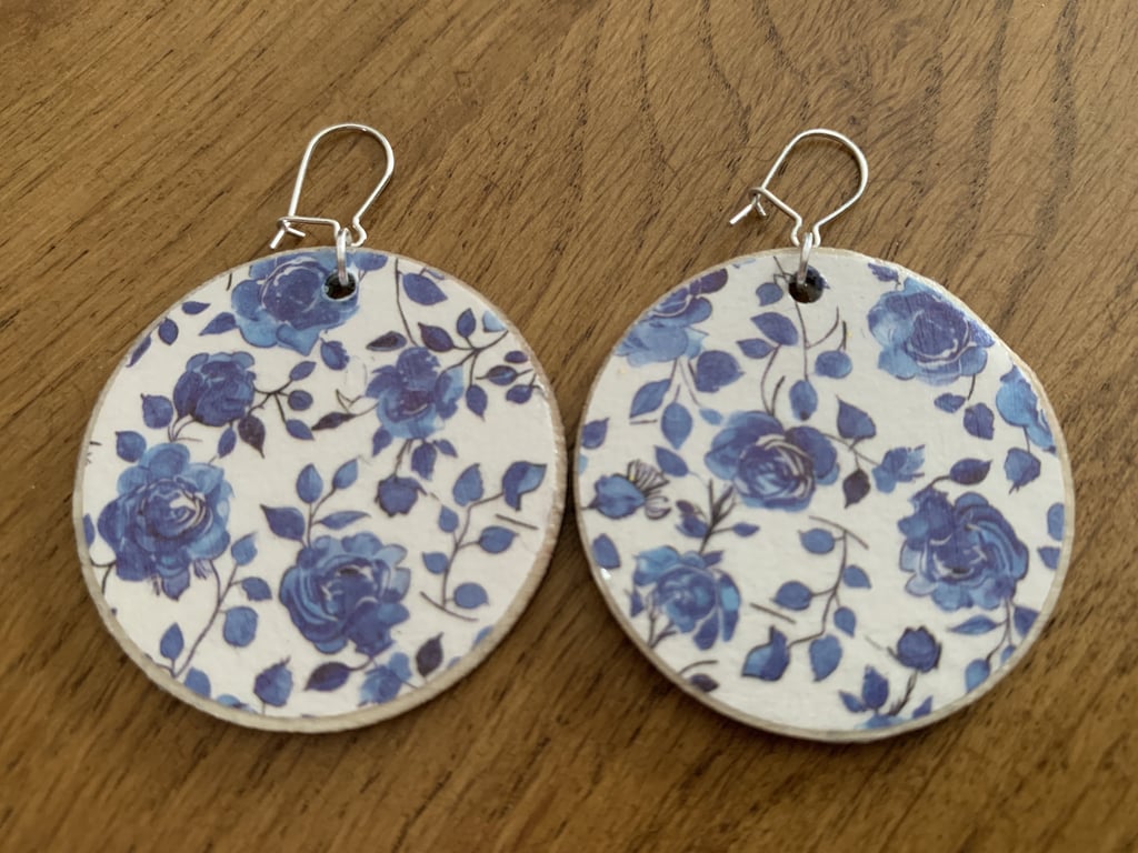 Wooden Earrings Blue Rose and Geometric Double Sided Ear Hooks