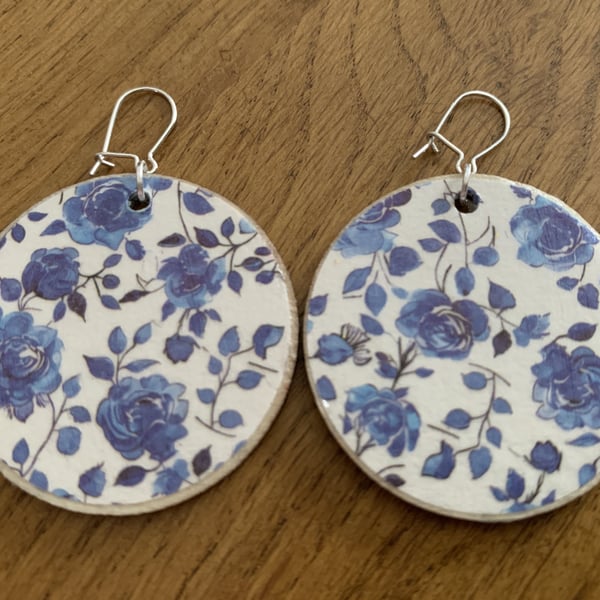 Wooden Earrings Blue Rose and Geometric Double Sided Ear Hooks
