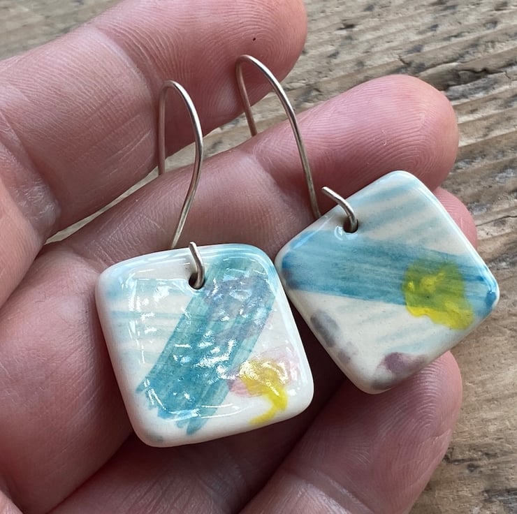 Handmade Coastal Square Pottery Earrings on Han... Folksy