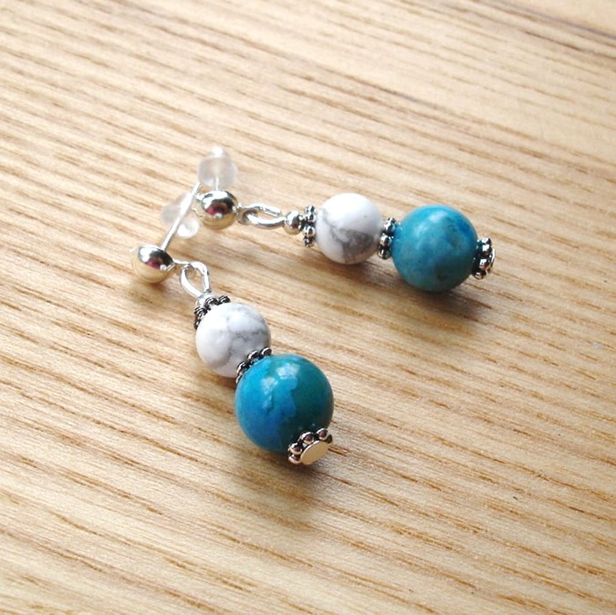 Mottled Blue Agate and White Howlite Gemstone Stud Earrings