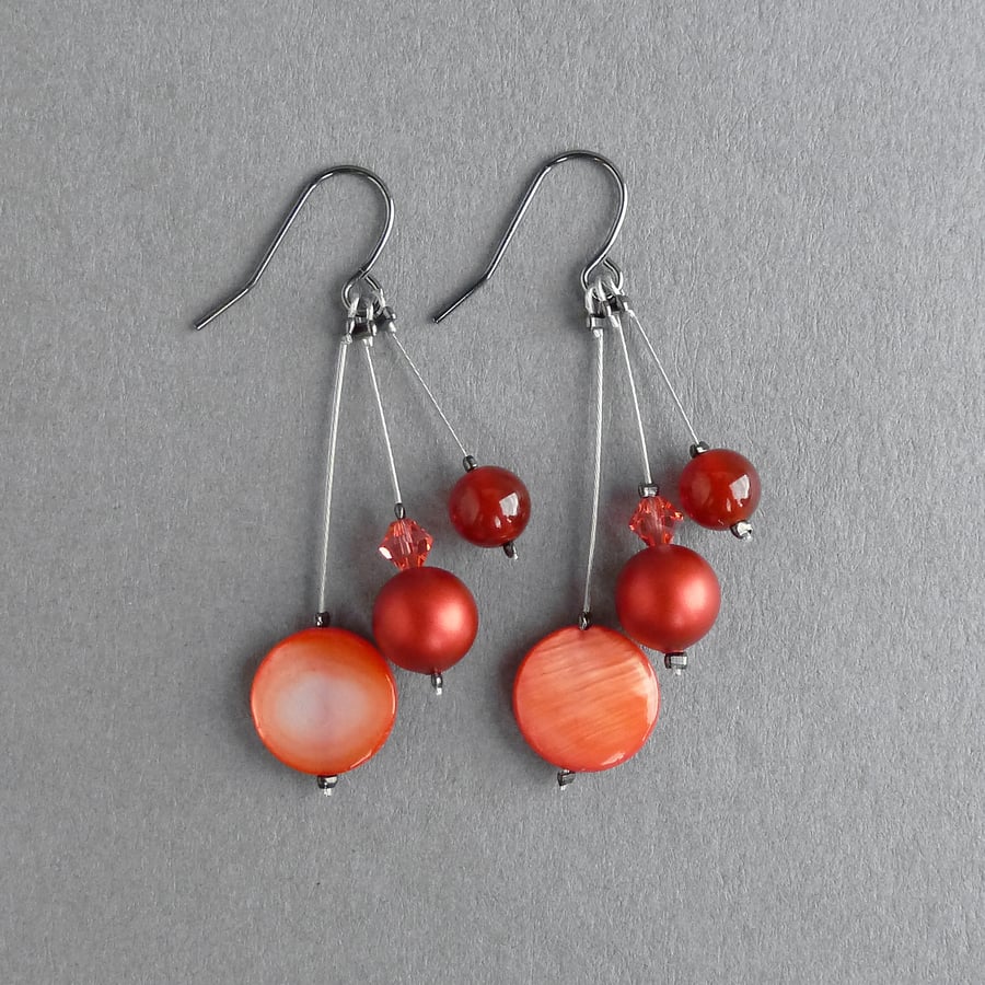 Long Bright Red Dangle Earrings - Coral Red Pearl Drop Earrings - Jewellery 