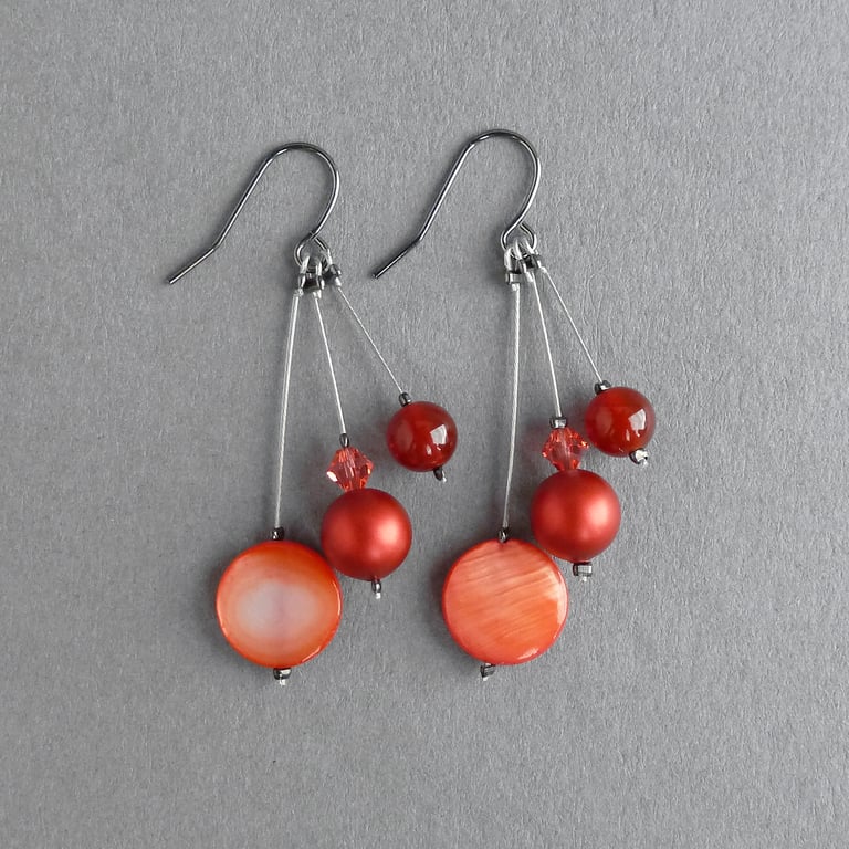 Long Bright Red Dangle Earrings - Coral Red Pearl Drop Earrings - Jewellery 