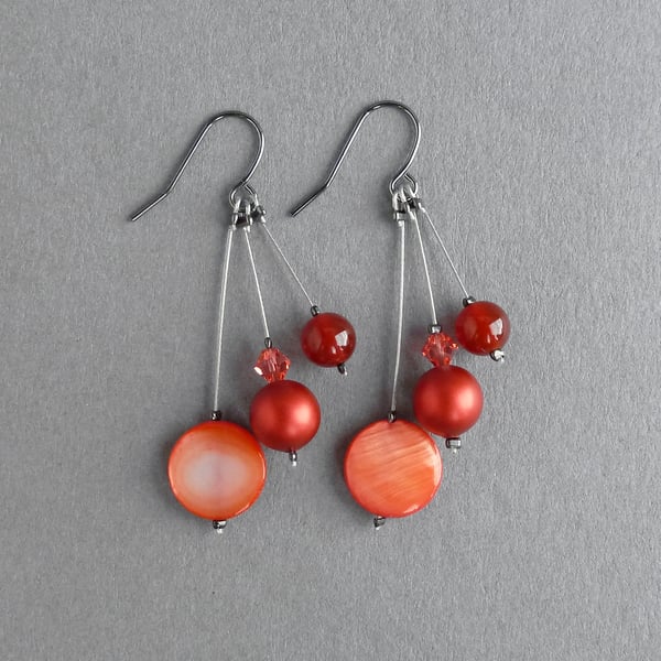 Long Bright Red Dangle Earrings - Coral Red Pearl Drop Earrings - Jewellery 