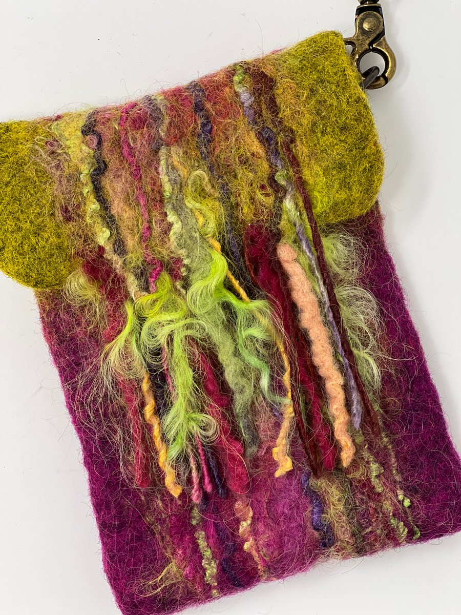 Fringed Cross Body Bag, Green and Pink Felt 