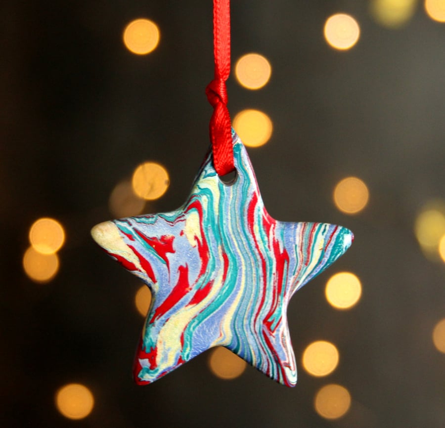 Teal crimson gold Marbled decoration pottery star