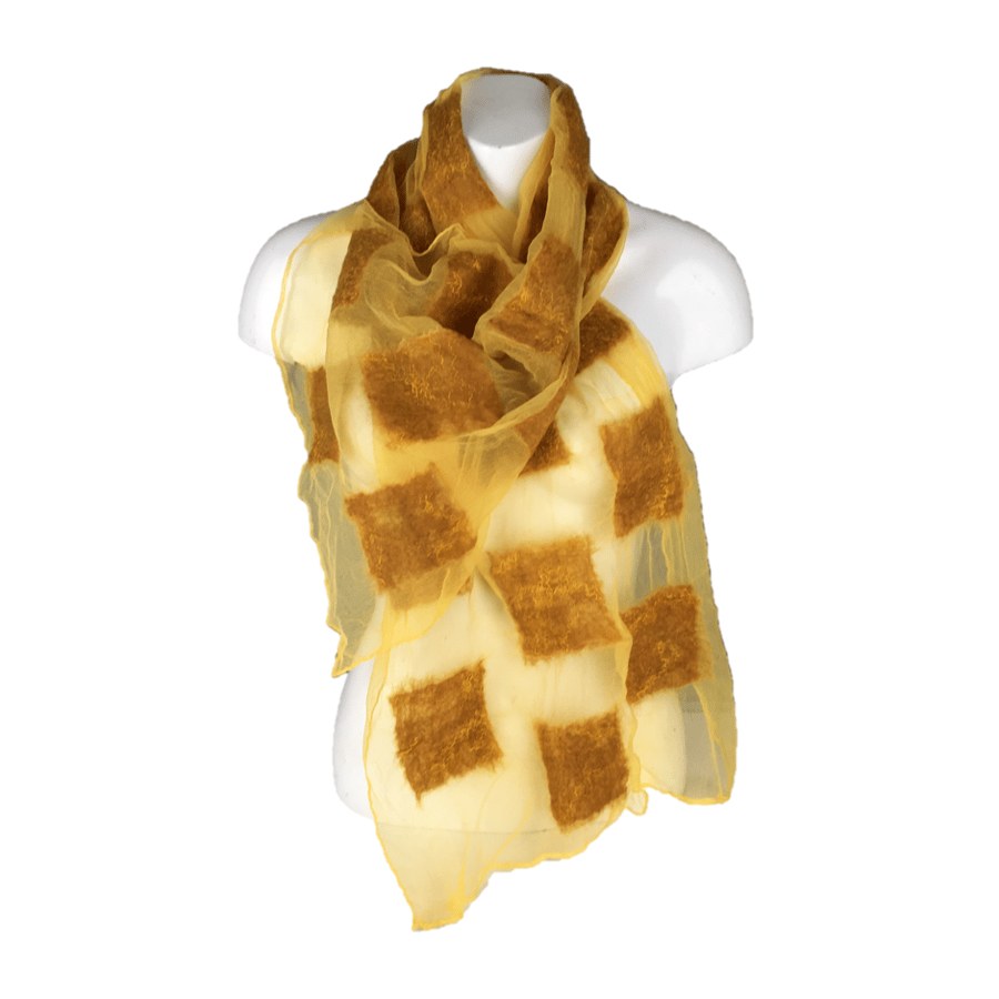 Yellow silk chiffon scarf with nuno felted merino wool panels