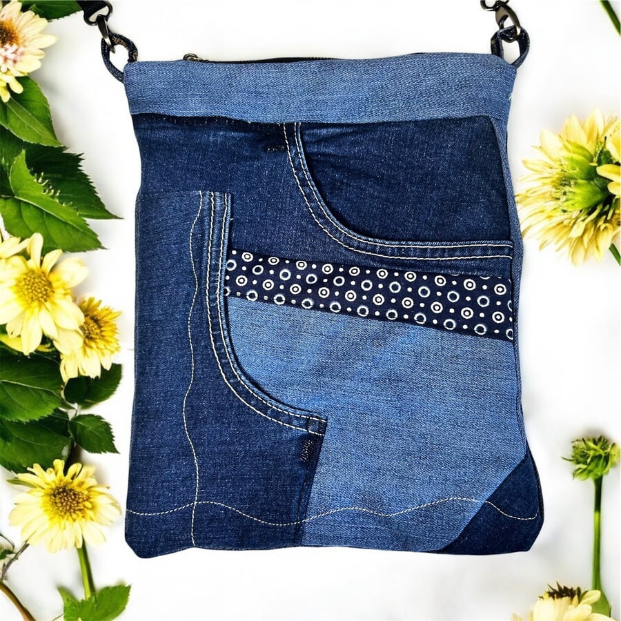 Upcycled denim bag from jeans with zip pocket 