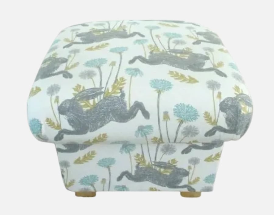 Storage Footstool March Hares Mineral Blue Fabric Rabbits Animals Floral Pouffe