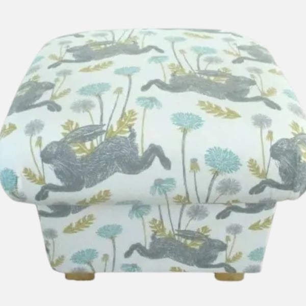 Storage Footstool March Hares Mineral Blue Fabric Rabbits Animals Floral Pouffe
