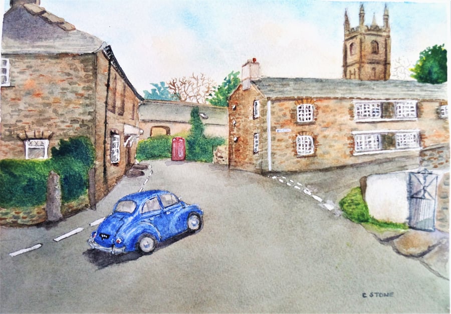 Watercolour painting of North Hill, Cornwall with Morris Minor car 