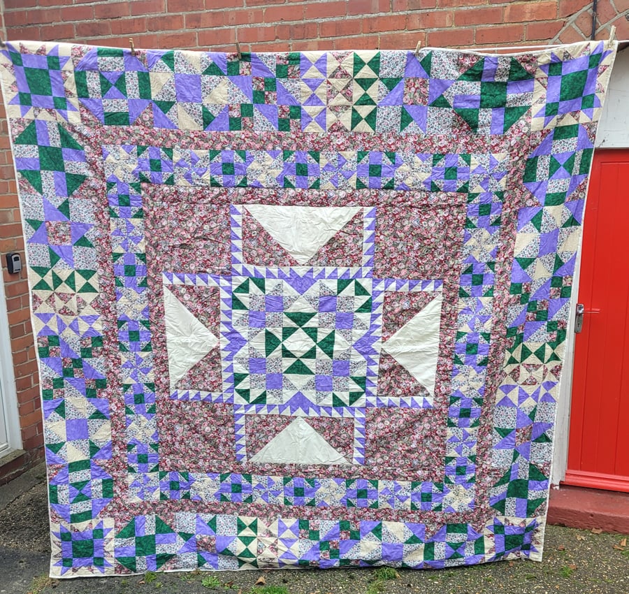 Homemade Purple, green, red and white Patchwork Quilt (17)