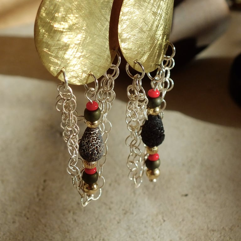 Textured mixed metal & bead earrings; agate, brass & silver dangles